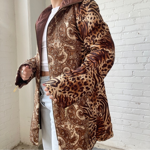 Vintage 90's St. John Bronze Pewter and Animal Print Reversible Puffer Jacket - Picture 7 of 7